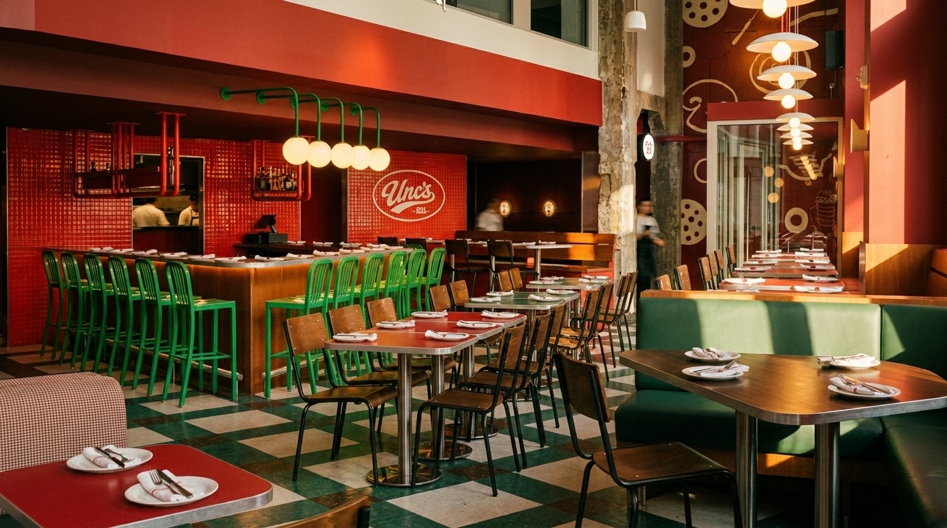 Unc's dining room with red tile, green chairs, warm wood, and long communal tables